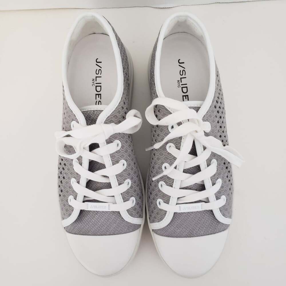 J/SLIDES Womens Size 8M Natasha Grey/ White Crochet Lace-Up Platform Sneakers
